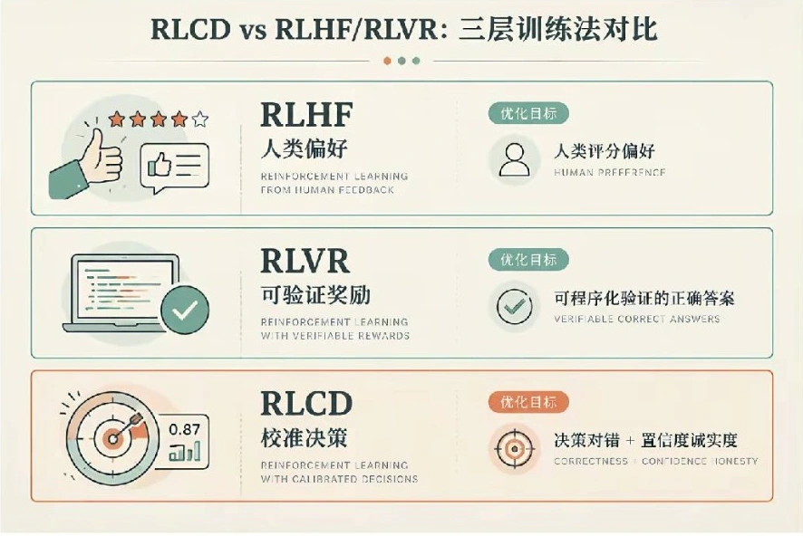 RLCD vs RLHF / RLVR：三层训练法对比，摘自原图第 6 页