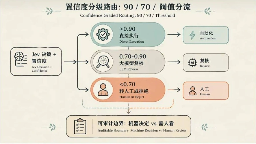 置信度分级路由：90 / 70 / 阈值分流，摘自原图第 14 页